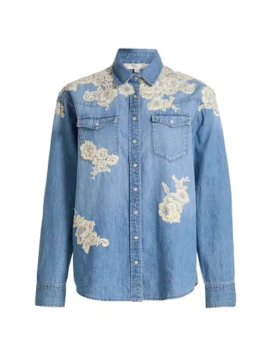 LoveShackFancy Women's Kelith Lace Appliqué Denim Shirt - Denim | Thumbnail 1 LoveShackFancy Women's Kelith Lace Appliqué Denim Shirt - Denim | Thumbnail 1