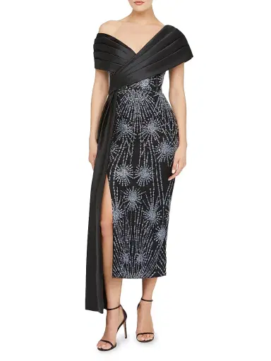 Theia Women's Kelly Beaded Column Midi-Dress - Black Silver | Thumbnail 2 Theia Women's Kelly Beaded Column Midi-Dress - Black Silver | Thumbnail 2