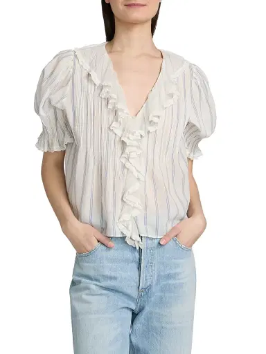 DÔEN Women's Henri Striped Ruffle Front Top - Saint Aurelie Stripe | Thumbnail 3 DÔEN Women's Henri Striped Ruffle Front Top - Saint Aurelie Stripe | Thumbnail 3