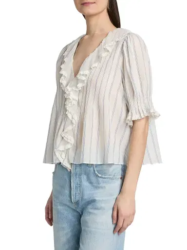DÔEN Women's Henri Striped Ruffle Front Top - Saint Aurelie Stripe | Thumbnail 4 DÔEN Women's Henri Striped Ruffle Front Top - Saint Aurelie Stripe | Thumbnail 4