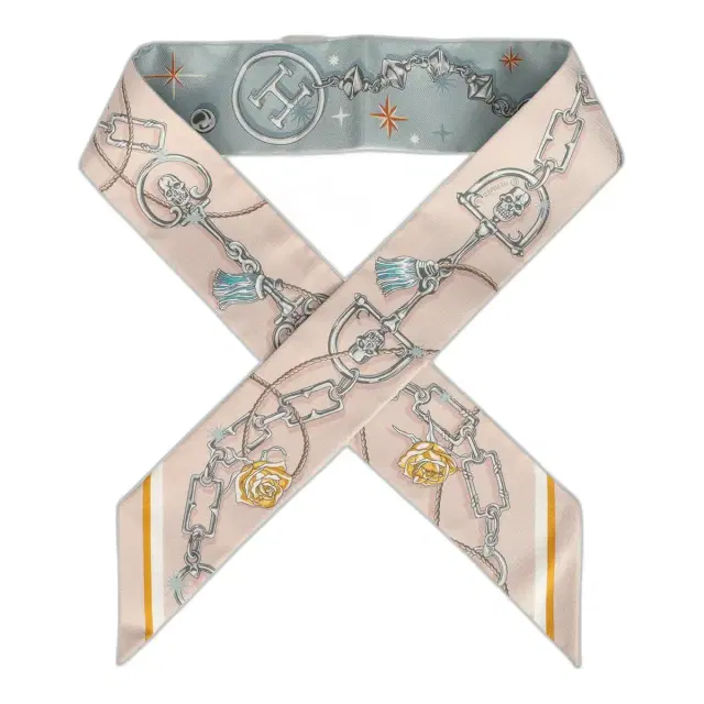 Hermes "C'est La Fete" Bleu Glacier, Rose Poudre and Gris Multi Silk Twilly Pair Hermes "C'est La Fete" Bleu Glacier, Rose Poudre and Gris Multi Silk Twilly Pair