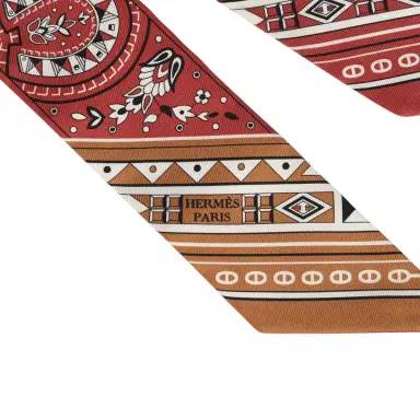 HERMÈS Hermes "Cheval De Coeur Bandana" Caramel, Terre De Sienne and Blanc Multi Silk Twilly Pair | Thumbnail 3 HERMÈS Hermes "Cheval De Coeur Bandana" Caramel, Terre De Sienne and Blanc Multi Silk Twilly Pair | Thumbnail 3