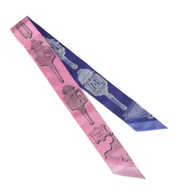 HERMÈS Hermes "Merveilleuses Lantern" Rose Bon Bon, Indigo Multi Silk Twilly Pair | Thumbnail 2 HERMÈS Hermes "Merveilleuses Lantern" Rose Bon Bon, Indigo Multi Silk Twilly Pair | Thumbnail 2