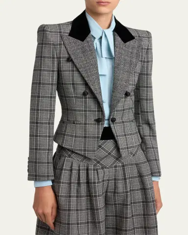 Valentino Garavani Velvet-Trim Check Double-Breasted Jacket | Thumbnail 4 Valentino Garavani Velvet-Trim Check Double-Breasted Jacket | Thumbnail 4