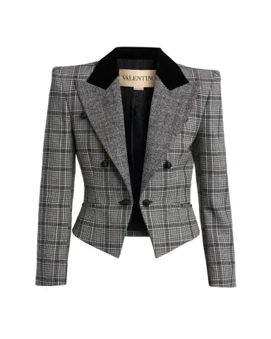 Valentino Garavani Velvet-Trim Check Double-Breasted Jacket | Thumbnail 1 Valentino Garavani Velvet-Trim Check Double-Breasted Jacket | Thumbnail 1