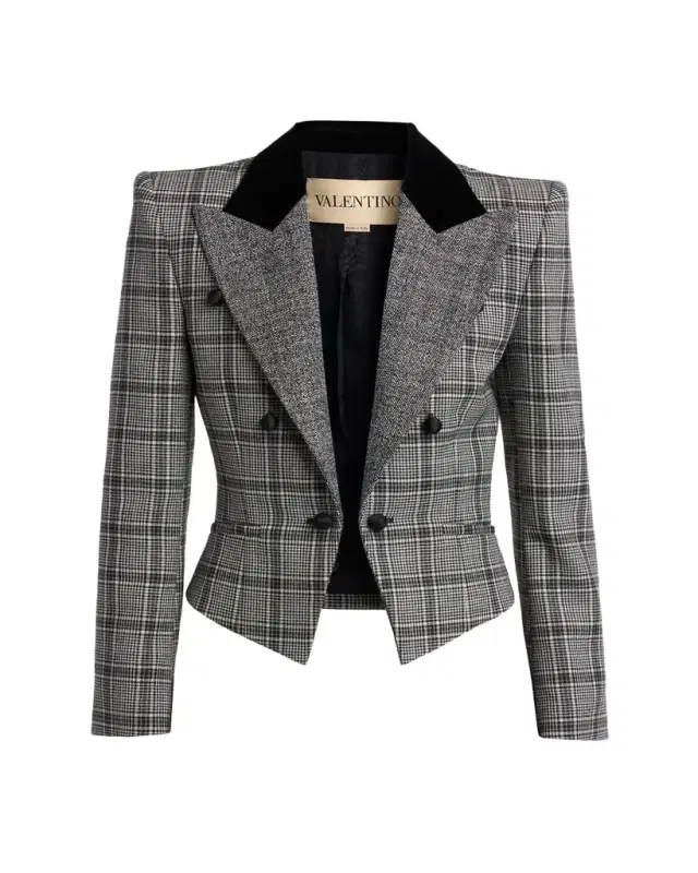 Velvet-Trim Check Double-Breasted Jacket Velvet-Trim Check Double-Breasted Jacket