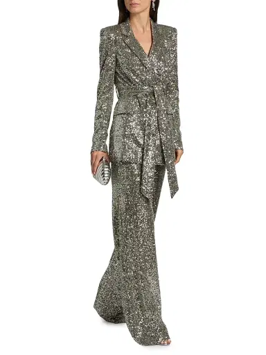 Badgley Mischka Women's Sequined High-Rise Wide-Leg Evening Pants - Gunmetal | Thumbnail 2 Badgley Mischka Women's Sequined High-Rise Wide-Leg Evening Pants - Gunmetal | Thumbnail 2