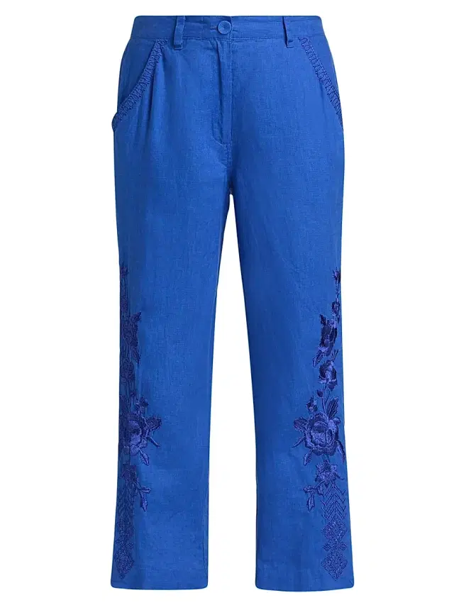 Women's Carmelita Embroidered Linen Crop Pants - Admiral Blue Women's Carmelita Embroidered Linen Crop Pants - Admiral Blue