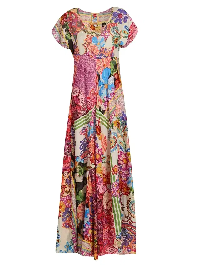 Women's Magnolia Patchwork Silk Maxi Dress - Magnolia Patchwork Women's Magnolia Patchwork Silk Maxi Dress - Magnolia Patchwork