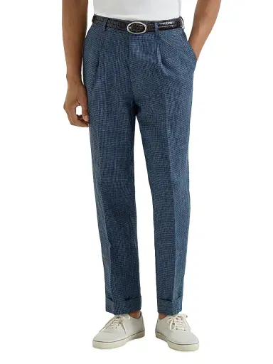 Brunello Cucinelli Men's Linen Houndstooth Trousers with Pleats - Denim - Size 34 | Thumbnail 2 Brunello Cucinelli Men's Linen Houndstooth Trousers with Pleats - Denim - Size 34 | Thumbnail 2