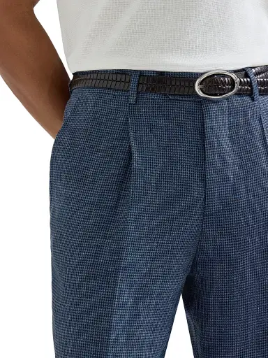 Brunello Cucinelli Men's Linen Houndstooth Trousers with Pleats - Denim - Size 34 | Thumbnail 4 Brunello Cucinelli Men's Linen Houndstooth Trousers with Pleats - Denim - Size 34 | Thumbnail 4