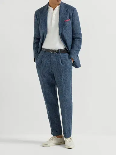 Brunello Cucinelli Men's Linen Houndstooth Trousers with Pleats - Denim - Size 34 | Thumbnail 6 Brunello Cucinelli Men's Linen Houndstooth Trousers with Pleats - Denim - Size 34 | Thumbnail 6