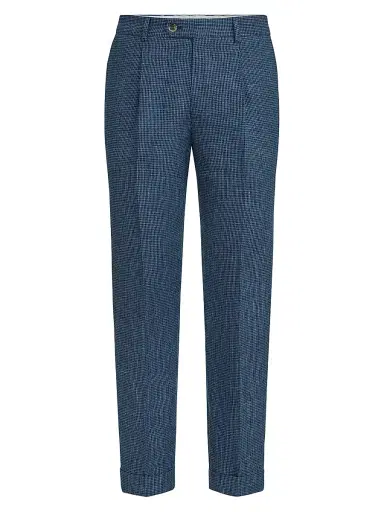 Brunello Cucinelli Men's Linen Houndstooth Trousers with Pleats - Denim - Size 34 | Thumbnail 1 Brunello Cucinelli Men's Linen Houndstooth Trousers with Pleats - Denim - Size 34 | Thumbnail 1