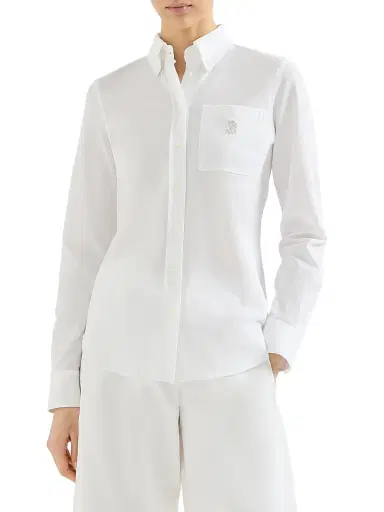 Brunello Cucinelli Women's Stretch Cotton Piqué Shirt with Logo - White | Thumbnail 2 Brunello Cucinelli Women's Stretch Cotton Piqué Shirt with Logo - White | Thumbnail 2