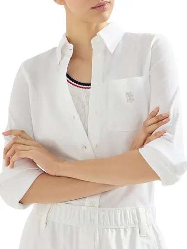 Brunello Cucinelli Women's Stretch Cotton Piqué Shirt with Logo - White | Thumbnail 4 Brunello Cucinelli Women's Stretch Cotton Piqué Shirt with Logo - White | Thumbnail 4