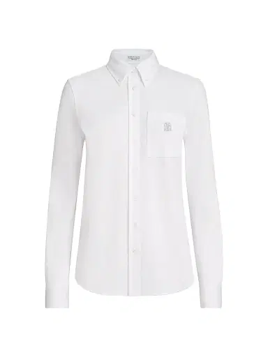 Brunello Cucinelli Women's Stretch Cotton Piqué Shirt with Logo - White | Thumbnail 1 Brunello Cucinelli Women's Stretch Cotton Piqué Shirt with Logo - White | Thumbnail 1
