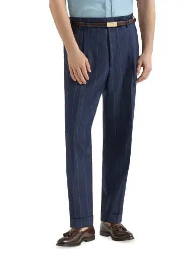 Brunello Cucinelli Men's Virgin Wool Chalk Stripe Trousers with Double Pleats - Navy Blue | Thumbnail 2 Brunello Cucinelli Men's Virgin Wool Chalk Stripe Trousers with Double Pleats - Navy Blue | Thumbnail 2