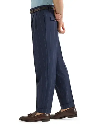 Brunello Cucinelli Men's Virgin Wool Chalk Stripe Trousers with Double Pleats - Navy Blue | Thumbnail 3 Brunello Cucinelli Men's Virgin Wool Chalk Stripe Trousers with Double Pleats - Navy Blue | Thumbnail 3