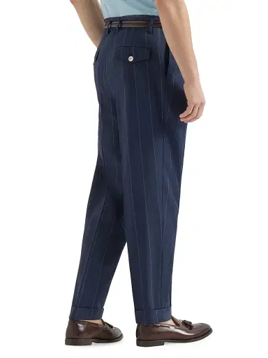 Brunello Cucinelli Men's Virgin Wool Chalk Stripe Trousers with Double Pleats - Navy Blue | Thumbnail 4 Brunello Cucinelli Men's Virgin Wool Chalk Stripe Trousers with Double Pleats - Navy Blue | Thumbnail 4