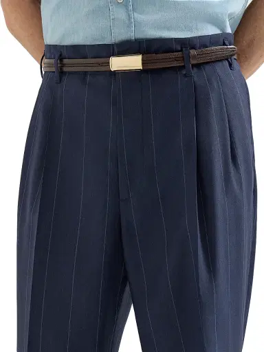 Brunello Cucinelli Men's Virgin Wool Chalk Stripe Trousers with Double Pleats - Navy Blue | Thumbnail 5 Brunello Cucinelli Men's Virgin Wool Chalk Stripe Trousers with Double Pleats - Navy Blue | Thumbnail 5