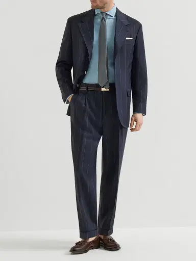 Brunello Cucinelli Men's Virgin Wool Chalk Stripe Trousers with Double Pleats - Navy Blue | Thumbnail 6 Brunello Cucinelli Men's Virgin Wool Chalk Stripe Trousers with Double Pleats - Navy Blue | Thumbnail 6