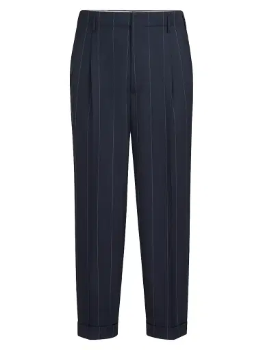 Brunello Cucinelli Men's Virgin Wool Chalk Stripe Trousers with Double Pleats - Navy Blue | Thumbnail 1 Brunello Cucinelli Men's Virgin Wool Chalk Stripe Trousers with Double Pleats - Navy Blue | Thumbnail 1