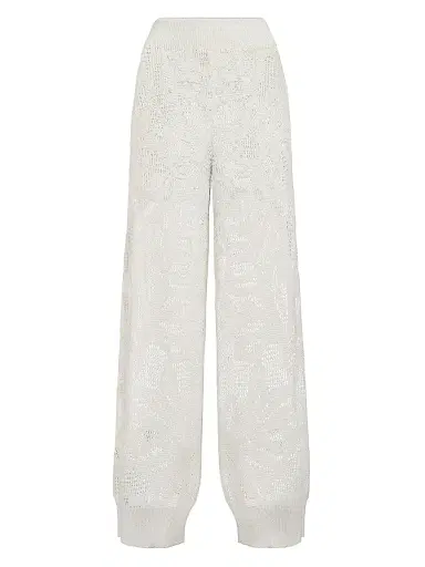 Brunello Cucinelli Women's Linen and Cotton Dazzling Water Lillies Knit Track Trousers - White | Thumbnail 1 Brunello Cucinelli Women's Linen and Cotton Dazzling Water Lillies Knit Track Trousers - White | Thumbnail 1