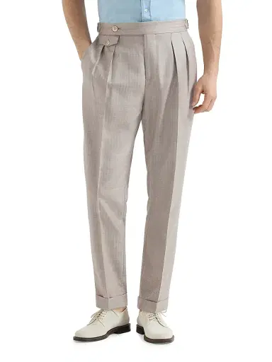 Brunello Cucinelli Men's Cashmere and Silk Chevron Trousers with Double Pleats and Waist Tabs - Light Grey | Thumbnail 2 Brunello Cucinelli Men's Cashmere and Silk Chevron Trousers with Double Pleats and Waist Tabs - Light Grey | Thumbnail 2