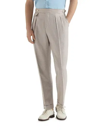 Brunello Cucinelli Men's Cashmere and Silk Chevron Trousers with Double Pleats and Waist Tabs - Light Grey | Thumbnail 3 Brunello Cucinelli Men's Cashmere and Silk Chevron Trousers with Double Pleats and Waist Tabs - Light Grey | Thumbnail 3