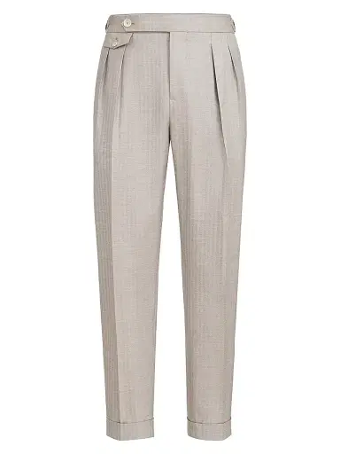 Brunello Cucinelli Men's Cashmere and Silk Chevron Trousers with Double Pleats and Waist Tabs - Light Grey | Thumbnail 1 Brunello Cucinelli Men's Cashmere and Silk Chevron Trousers with Double Pleats and Waist Tabs - Light Grey | Thumbnail 1