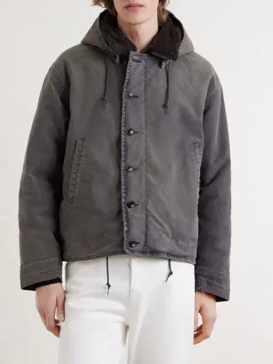 A.PRESSE Fleece-Lined Distressed Cotton-Canvas Hooded Jacket - Men | Thumbnail 3 A.PRESSE Fleece-Lined Distressed Cotton-Canvas Hooded Jacket - Men | Thumbnail 3