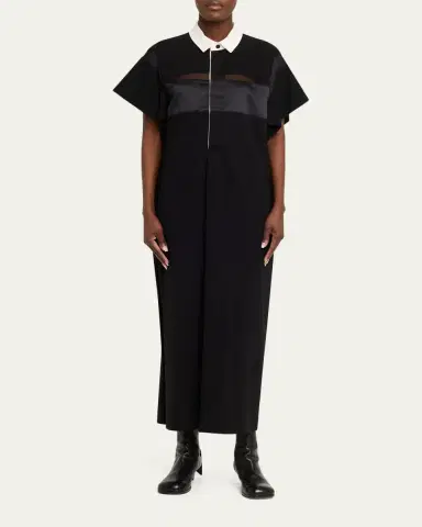 sacai Satin-Inset Cotton Jersey Short-Sleeve Maxi Polo Dress | Thumbnail 2 sacai Satin-Inset Cotton Jersey Short-Sleeve Maxi Polo Dress | Thumbnail 2