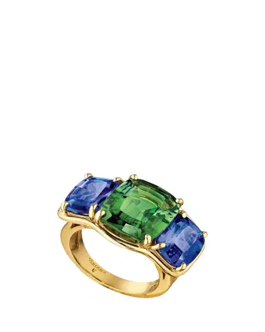 Verdura 18K Yellow Gold Tanzanite and Green Tourmaline 3-Stone Ring | Thumbnail 1 Verdura 18K Yellow Gold Tanzanite and Green Tourmaline 3-Stone Ring | Thumbnail 1