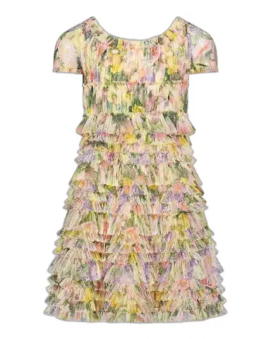 Mac Duggal Girl 's Tiered Ruffle Floral Mesh Dress, Size 2-14 | Thumbnail 1 Mac Duggal Girl 's Tiered Ruffle Floral Mesh Dress, Size 2-14 | Thumbnail 1