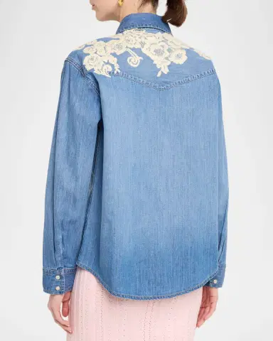 LoveShackFancy Kelith Floral Embroidered Denim Shirt | Thumbnail 3 LoveShackFancy Kelith Floral Embroidered Denim Shirt | Thumbnail 3