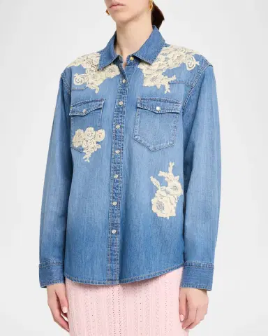 LoveShackFancy Kelith Floral Embroidered Denim Shirt | Thumbnail 4 LoveShackFancy Kelith Floral Embroidered Denim Shirt | Thumbnail 4