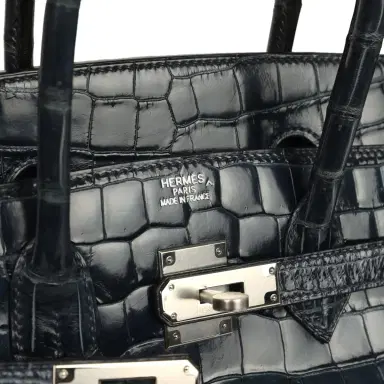 HERMÈS Pre-owned Hermes Birkin 35 Bleu Abysse Shiny Porosus Crocodile Palladium Hardware | Thumbnail 7 HERMÈS Pre-owned Hermes Birkin 35 Bleu Abysse Shiny Porosus Crocodile Palladium Hardware | Thumbnail 7