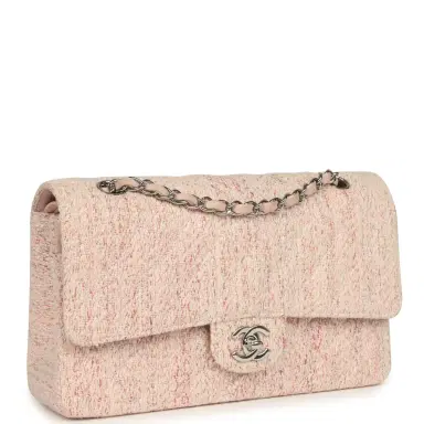 Chanel Vintage Chanel Medium Classic Double Flap Bag Light Pink and White Tweed Silver Hardware | Thumbnail 2 Chanel Vintage Chanel Medium Classic Double Flap Bag Light Pink and White Tweed Silver Hardware | Thumbnail 2