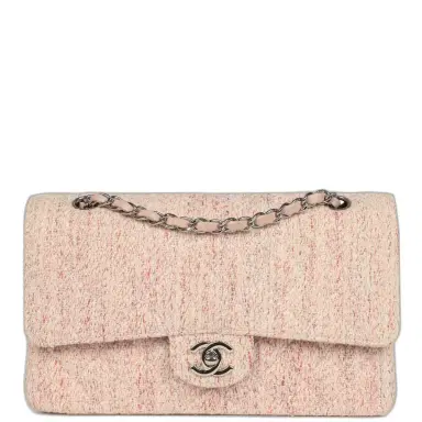 Chanel Vintage Chanel Medium Classic Double Flap Bag Light Pink and White Tweed Silver Hardware | Thumbnail 1 Chanel Vintage Chanel Medium Classic Double Flap Bag Light Pink and White Tweed Silver Hardware | Thumbnail 1