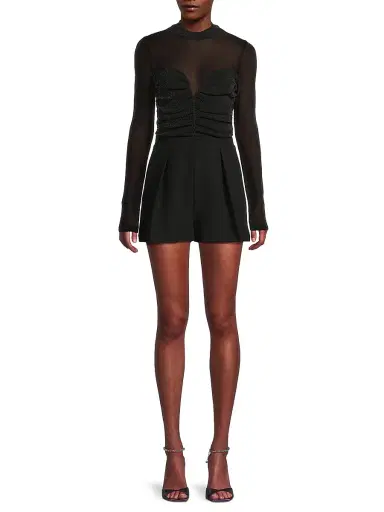 Black Halo Women's Leonarda Mesh Metallic Long-Sleeve Romper - Glistening Black | Thumbnail 2 Black Halo Women's Leonarda Mesh Metallic Long-Sleeve Romper - Glistening Black | Thumbnail 2