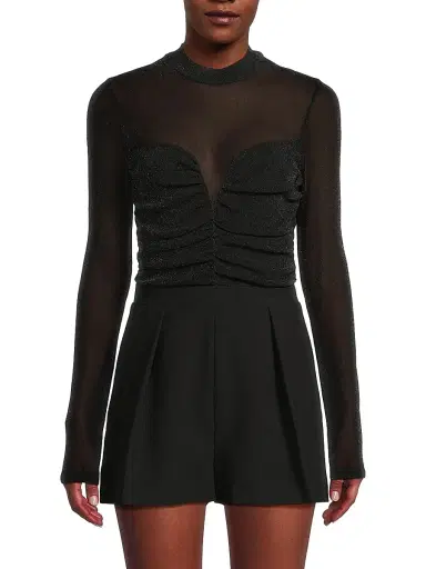 Black Halo Women's Leonarda Mesh Metallic Long-Sleeve Romper - Glistening Black | Thumbnail 3 Black Halo Women's Leonarda Mesh Metallic Long-Sleeve Romper - Glistening Black | Thumbnail 3