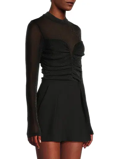 Black Halo Women's Leonarda Mesh Metallic Long-Sleeve Romper - Glistening Black | Thumbnail 4 Black Halo Women's Leonarda Mesh Metallic Long-Sleeve Romper - Glistening Black | Thumbnail 4