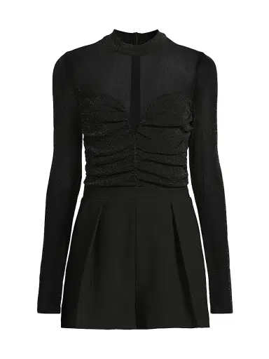 Black Halo Women's Leonarda Mesh Metallic Long-Sleeve Romper - Glistening Black | Thumbnail 1 Black Halo Women's Leonarda Mesh Metallic Long-Sleeve Romper - Glistening Black | Thumbnail 1