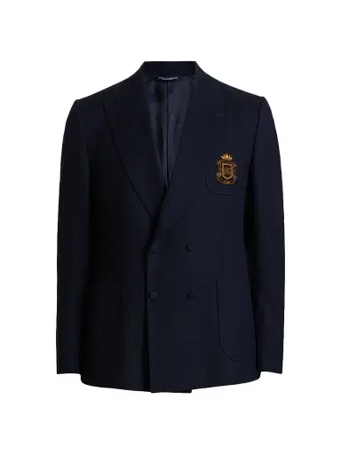 Dolce & Gabbana Men's Collegiate Logo Wool Double-Breasted Blazer - Blu Scurissimo | Thumbnail 1 Dolce & Gabbana Men's Collegiate Logo Wool Double-Breasted Blazer - Blu Scurissimo | Thumbnail 1