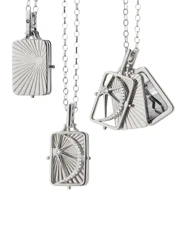 Monica Rich Kosann Sterling Silver Rectangular Sun, Moon, and Stars Gate Frame Necklace with Two Image Cases on a 32" Chain | Thumbnail 1 Monica Rich Kosann Sterling Silver Rectangular Sun, Moon, and Stars Gate Frame Necklace with Two Image Cases on a 32" Chain | Thumbnail 1