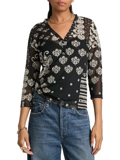 Johnny Was Women's Wilma Printed Mesh Top - Black | Thumbnail 3 Johnny Was Women's Wilma Printed Mesh Top - Black | Thumbnail 3