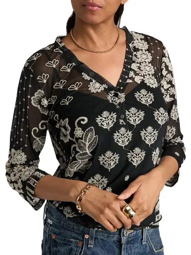Johnny Was Women's Wilma Printed Mesh Top - Black | Thumbnail 6 Johnny Was Women's Wilma Printed Mesh Top - Black | Thumbnail 6