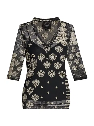 Johnny Was Women's Wilma Printed Mesh Top - Black | Thumbnail 1 Johnny Was Women's Wilma Printed Mesh Top - Black | Thumbnail 1
