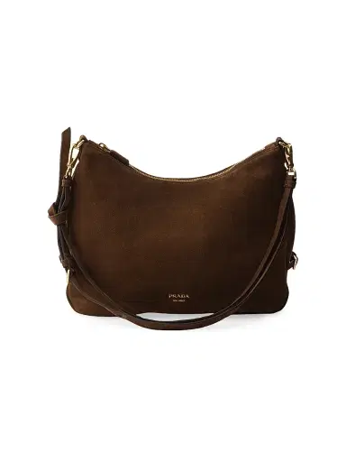 Prada Women's Fold Suede Shoulder Bag - Brown | Thumbnail 1 Prada Women's Fold Suede Shoulder Bag - Brown | Thumbnail 1