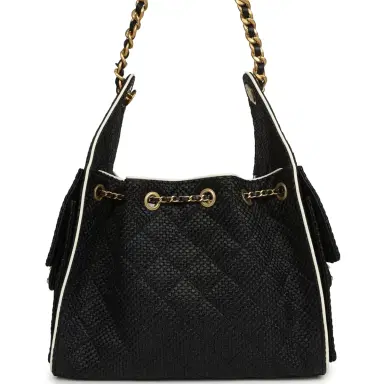 Chanel Chanel Small 25 Hobo Bag Black Raffia and White Calfskin Antique Gold Hardware | Thumbnail 4 Chanel Chanel Small 25 Hobo Bag Black Raffia and White Calfskin Antique Gold Hardware | Thumbnail 4